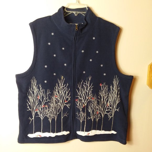 Rebecca Malone Navy Blue Cardinals Winter Trees Fleece Vest XL - Picture 1 of 8